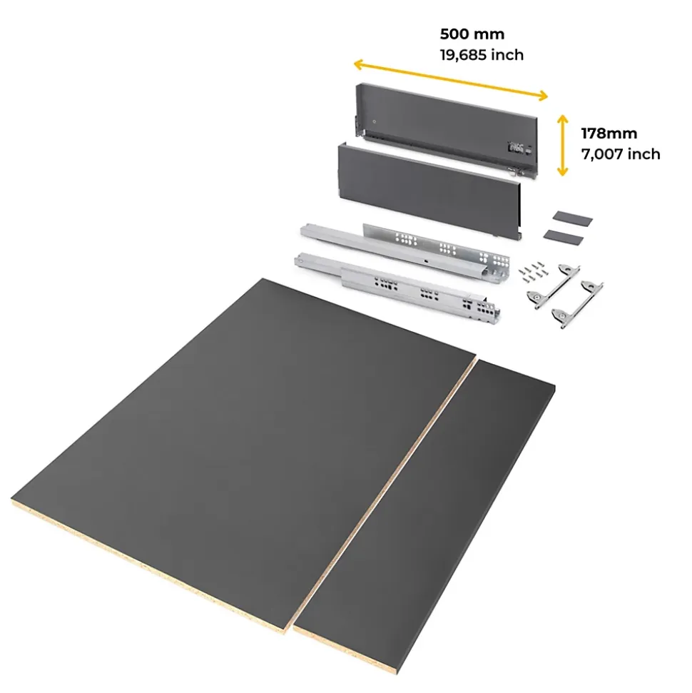 Emuca Kit de tiroirs pour cuisine ou salle de bains Vertex avec réglages 3D, hauteur 178mm, avec panneaux inclus, module 900mm,
