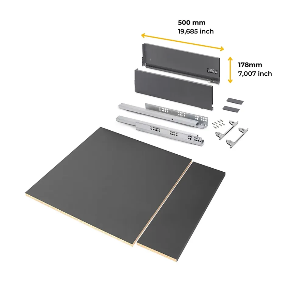 Emuca Kit de tiroirs pour cuisine ou salle de bains Vertex avec réglages 3D, hauteur 178mm, avec panneaux inclus, module 600mm,