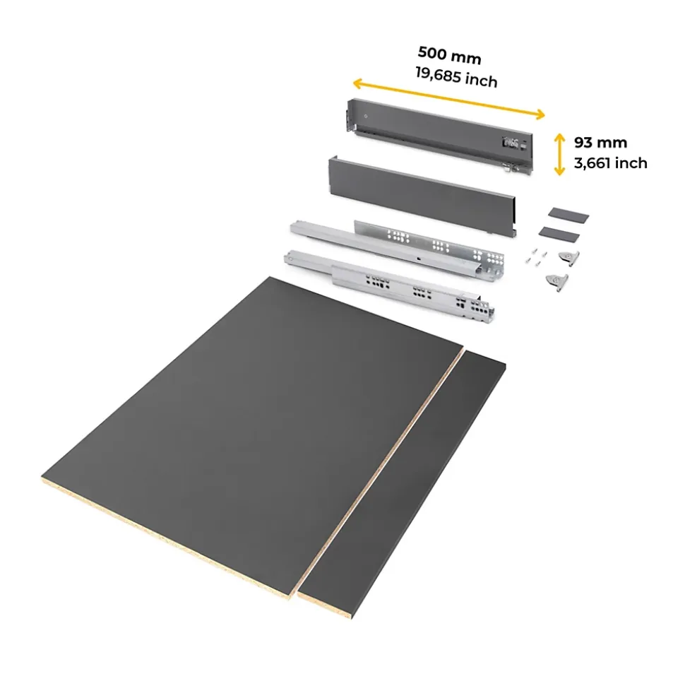 Emuca Kit de tiroirs pour cuisine ou salle de bains Vertex avec réglages 3D, hauteur 93mm, avec panneaux inclus, module 900mm,
