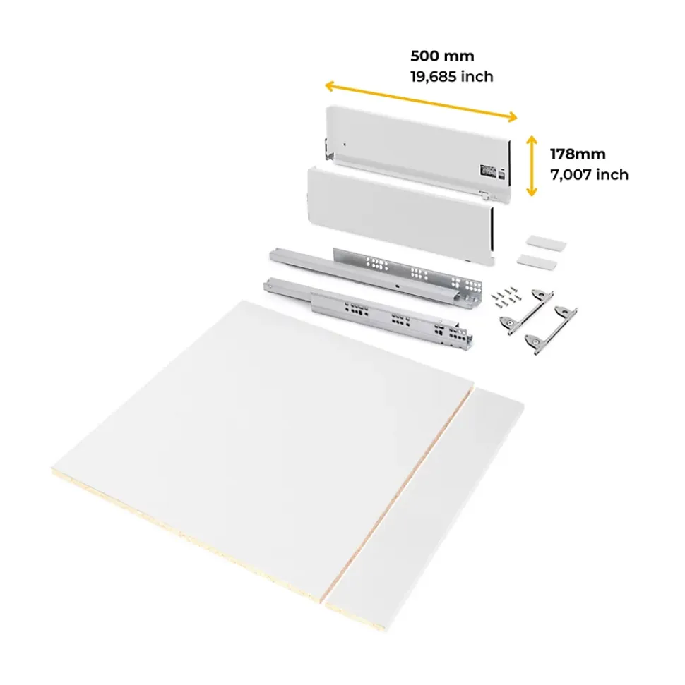 Emuca Kit de tiroirs pour cuisine ou salle de bains Vertex avec réglages 3D, hauteur 178mm, avec panneaux inclus, module 600mm,