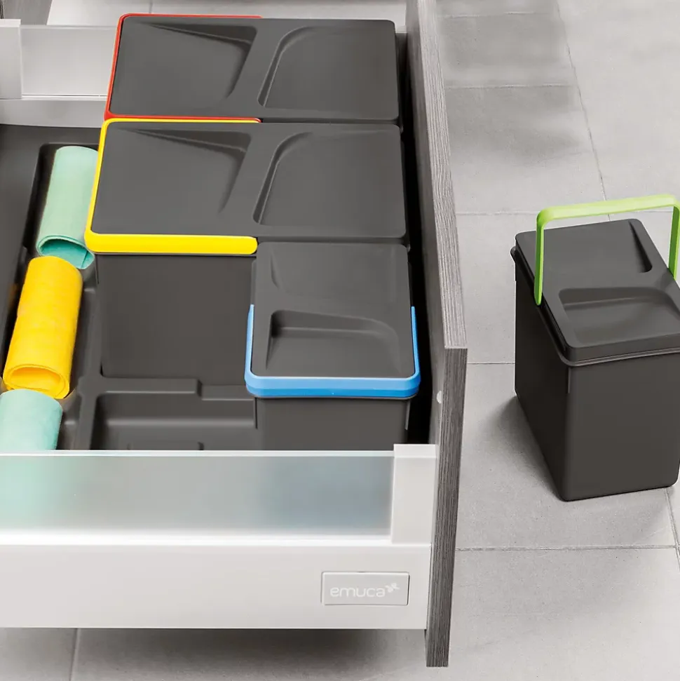 Emuca Kit poubelle de tri sélectif pour tiroir de cuisine avec socle Recycle hauteur 216mm, 2x12litres, 2x6litres, module 800mm,