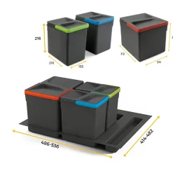 Emuca Kit poubelle de tri sélectif pour tiroir de cuisine avec socle Recycle hauteur 216mm, 1x12litres, 2x6litres, module 600mm,