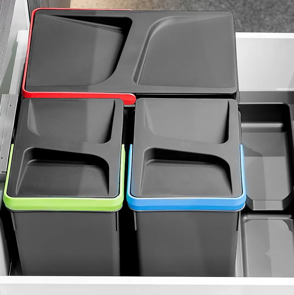 Emuca Kit poubelle de tri sélectif pour tiroir de cuisine avec socle Recycle hauteur 266mm, 1x15litres, 2x7litres, module 600mm,
