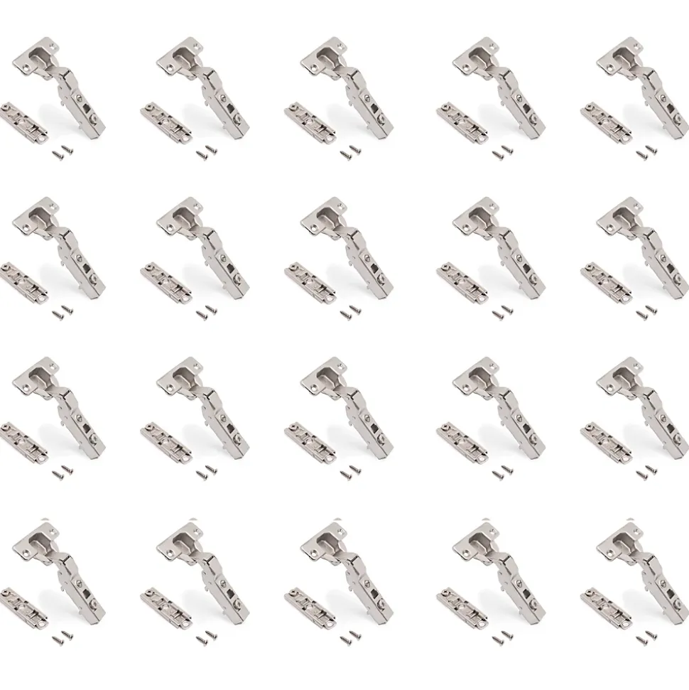 Emuca Lot de 20 charnières coudées X91 à fermeture amortie avec embases droite à visser, Hauteur 1, Acier, Nickelé
