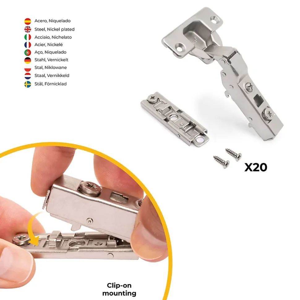 Emuca Lot de 20 charnières coudées X91 à fermeture amortie avec embases droite à visser, Hauteur 1, Acier, Nickelé