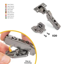 Emuca Lot de 20 charnières coudées X91 avec fermeture amortie et embases Euro, hauteur 0, nickelé, titane