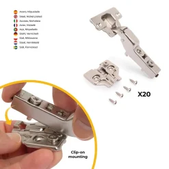 Emuca Lot de 20 charnières coudées X92 avec fermeture amortie avec embases à visser, Hauteur 0, Acier, Nickelé