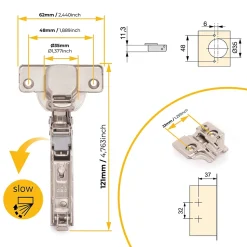 Emuca Lot de 20 charnières coudées X92 avec fermeture amortie avec embases à visser, Hauteur 0, Acier, Nickelé