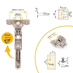 Emuca Lot de 10 charnières coudées X91 Ouverture à 165 degrés avec fermeture amortie et embases Euro, Hauteur 0, Acier, Nickelé