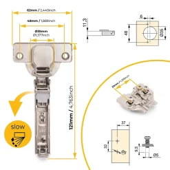 Emuca Lot de 20 charnières droites X92 avec fermeture amortie et embases de montage mixtes, Diamètre 5x9.5mm, Hauteur 0, Acier,