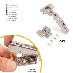 Emuca Lot de 20 charnières droites X91 à fermeture amortie avec embases à visser, Hauteur 0, Acier, Nickelé