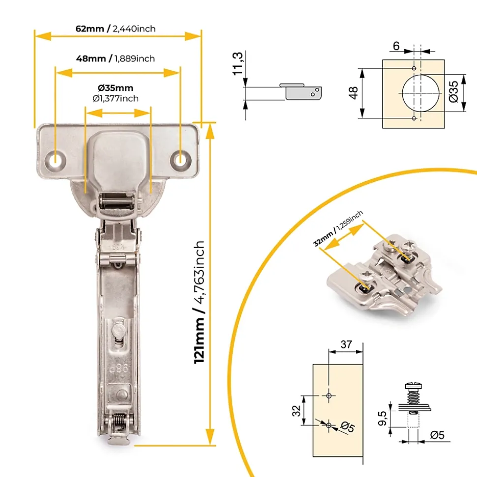 Emuca Lot de 20 charnières droites X92N et embases de montage mixtes, Diamètre 5x9.5mm, Hauteur 0, Acier, Nickelé