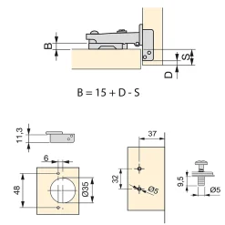 Emuca Lot de 20 charnières droites X92N et embases de montage mixtes, Diamètre 5x9.5mm, Hauteur 0, Acier, Nickelé