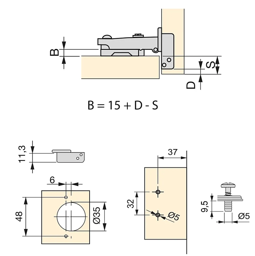 Emuca Lot de 20 charnières droites X92N et embases de montage mixtes, Diamètre 5x9.5mm, Hauteur 0, Acier, Nickelé