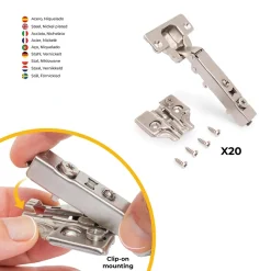 Emuca Lot de 20 charnières droites X92 avec fermeture amortie et embase à visser, Hauteur 0, Acier, Nickelé