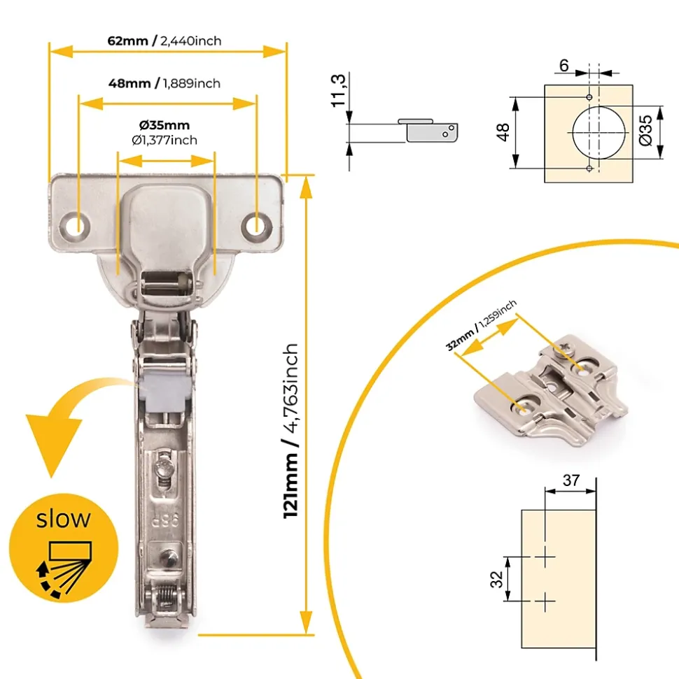 Emuca Lot de 20 charnières droites X92 avec fermeture amortie et embase à visser, Hauteur 0, Acier, Nickelé