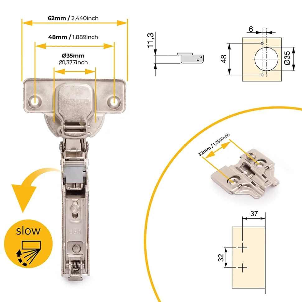 Emuca Lot de 20 charnières super coudées X92 avec fermeture amortie et embases à visser, Hauteur 0, Acier, Nickelé