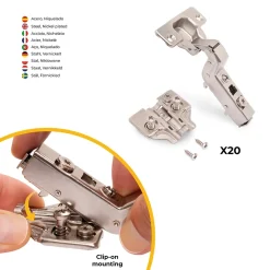 Emuca Lot de 20 charnières super coudées X91 avec fermeture amortie et embases Euro, Hauteur 0, Acier, Nickelé