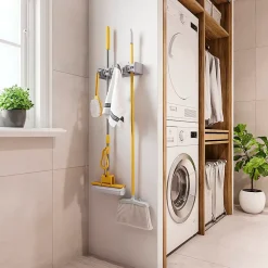 Emuca Porte balay et Porte Mops, avec 5 crochets et 4 trous, Plastique, Gris