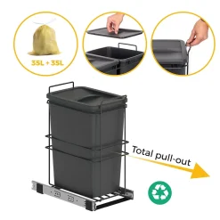 Emuca Poubelle de recyclage Recycle pour cuisine, 35 L, fixation par le bas et extraction manuelle, Plastique gris antracite