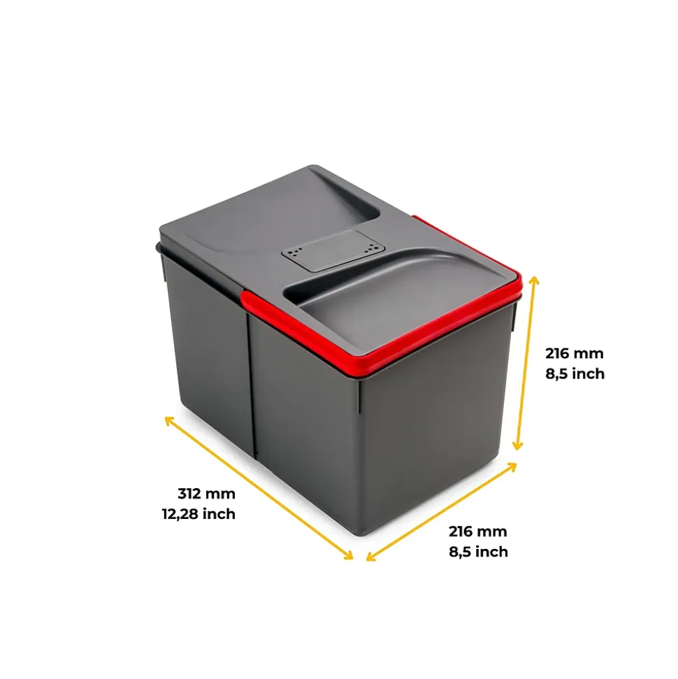 Emuca Poubelles pour tiroir de cuisine Recycle avec couvercle anti-odeurs, Hauteur 216mm, 1x12litres, Plastique gris anthracite