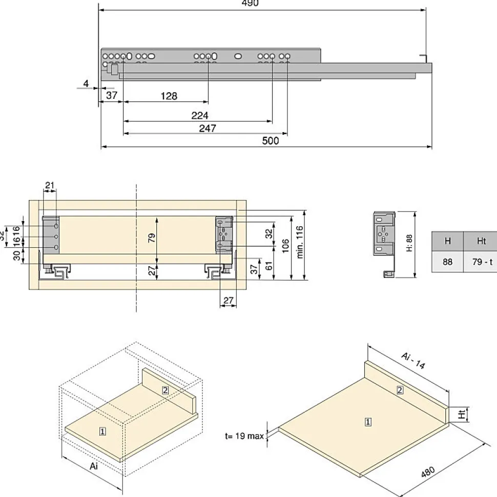 Emuca Tiroir extérieur Simplex 25kg hauteur 88mm, profondeur 490mm, acier, peint en blanc