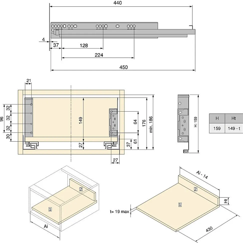 Emuca Tiroir extérieur Simplex 25kg hauteur 159mm, profondeur 440mm, acier, peint en blanc