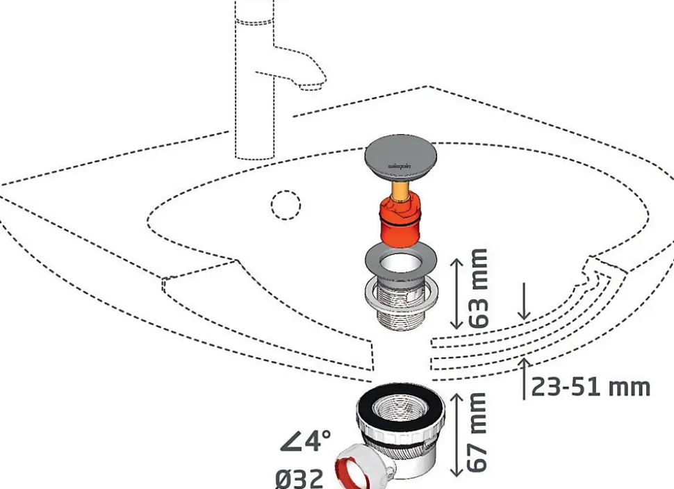 Ensemble bonde et siphon de lavabo Quick-Clac Wirquin Nano 6.7 Sortie Ø32 mm - 1/4 de tour