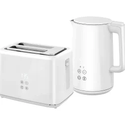 Ensemble bouilloire 1,5L et grille-pain 2200W 2 tranches 7 niveaux de brunissage plateau à miettes blanc gris