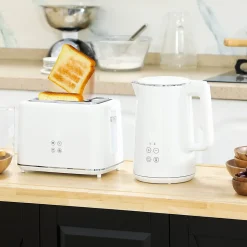 Ensemble bouilloire 1,5L et grille-pain 2200W 2 tranches 7 niveaux de brunissage plateau à miettes blanc gris