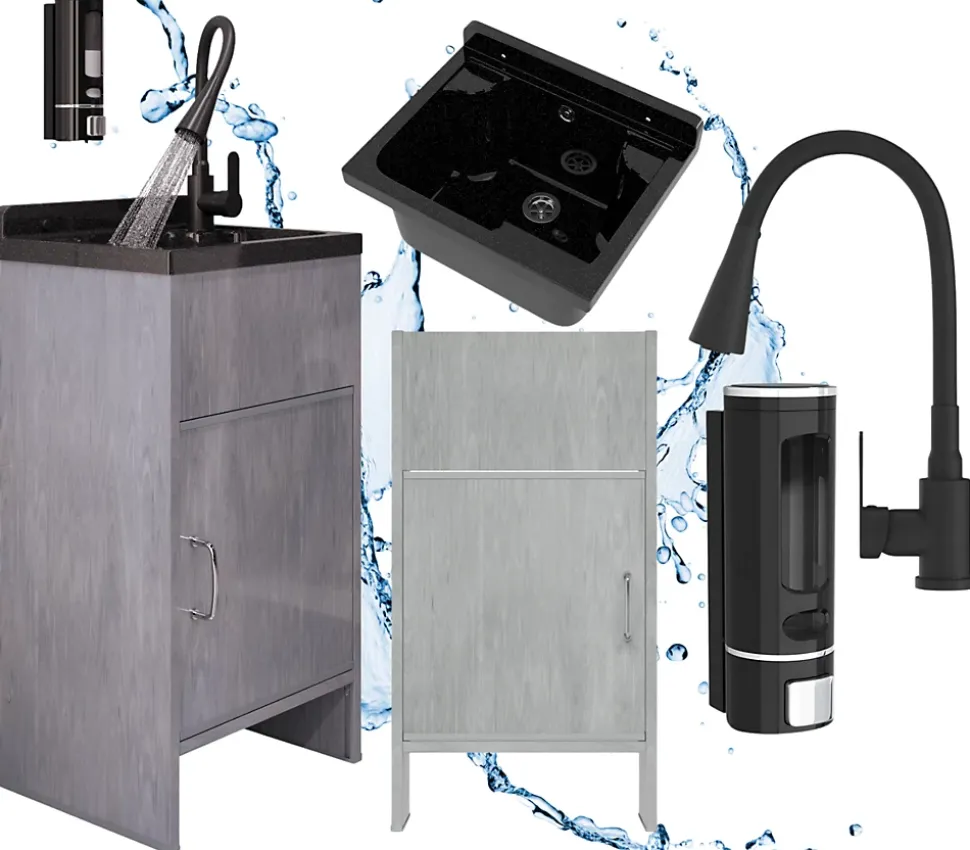 Ensemble complet lavabo Zinken Granitan Loma avec meuble PVC, siphon, robinet et distributeur de savon