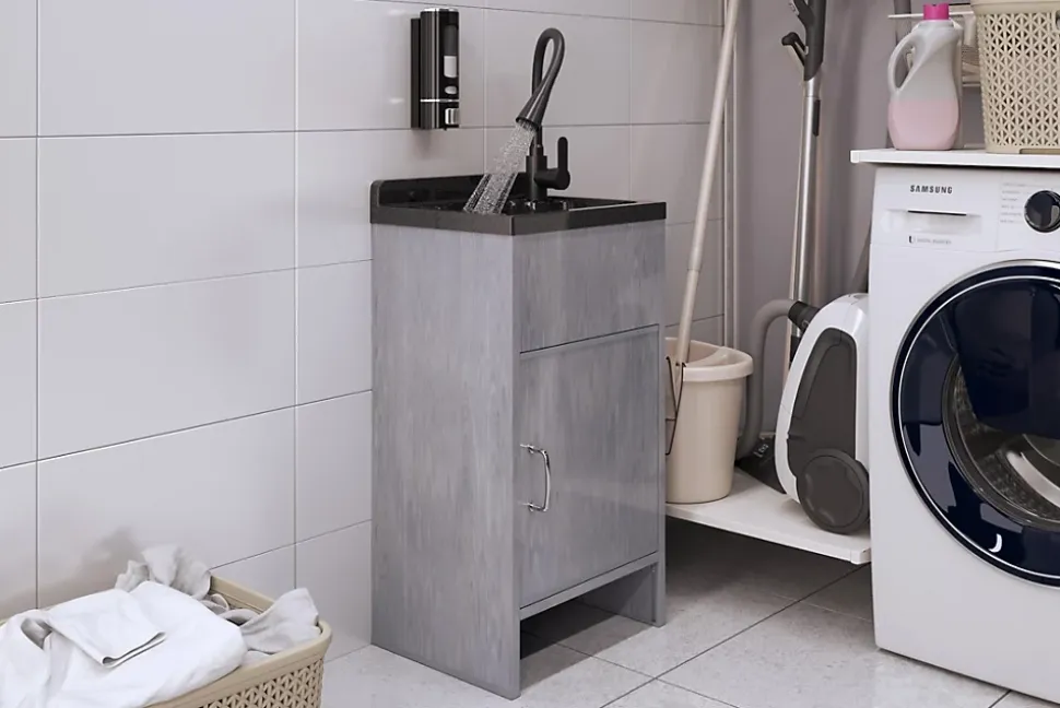 Ensemble complet lavabo Zinken Granitan Loma avec meuble PVC, siphon, robinet et distributeur de savon