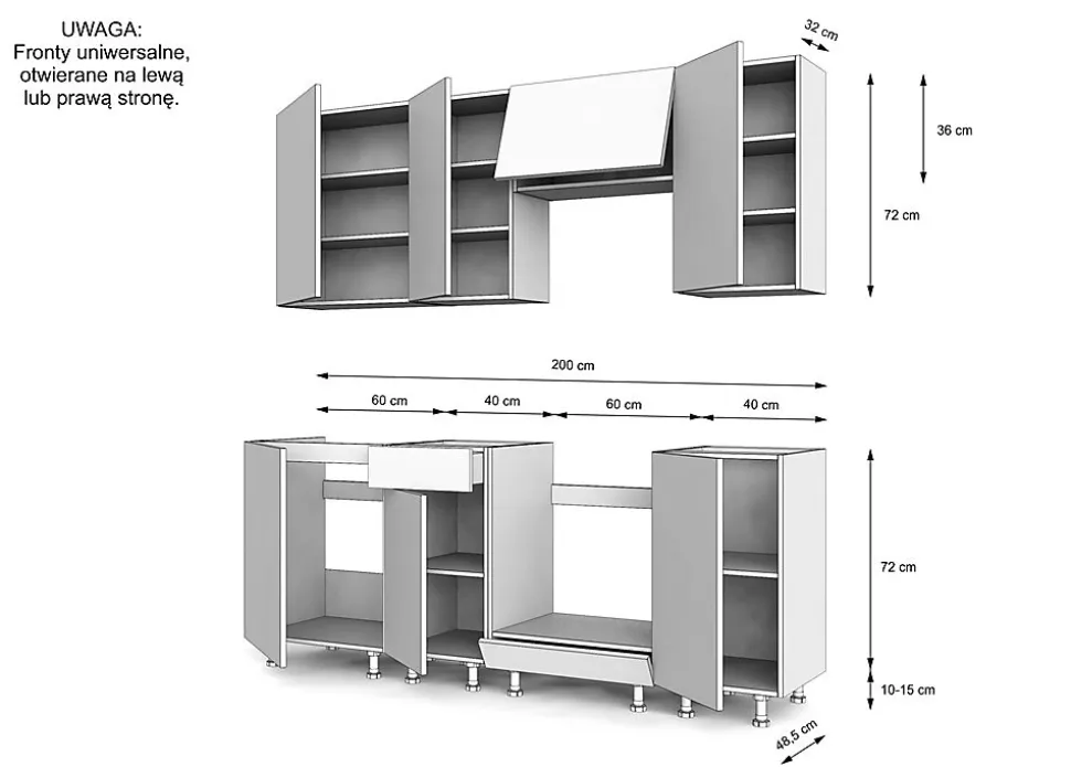 Ensemble d'armoires de cuisine, noir / chêne Evoke, 200 x RÉGLABLE x 48,5 cm