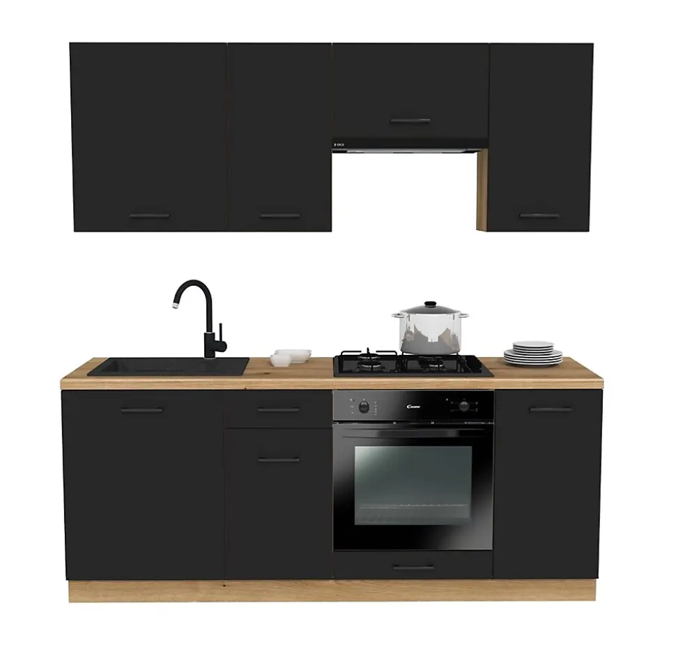 Ensemble d'armoires de cuisine, noir / chêne Evoke, 200 x RÉGLABLE x 48,5 cm