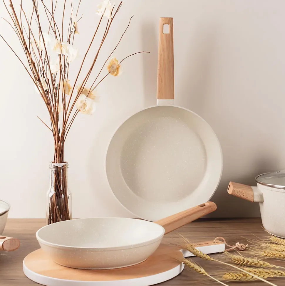 Ensemble de 3 poeles a frire San Ignacio en marbre rouge marine 16-20-24cm avec planche a découper