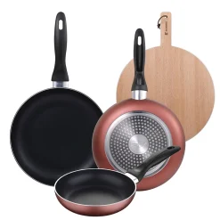 Ensemble de 3 poeles a frire San Ignacio en marbre rouge marine 16-20-24cm avec planche a découper