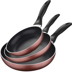 Ensemble de 3 poeles a frire San Ignacio en marbre rouge marine, 16-20-24 cm, avec bloc a couteaux.