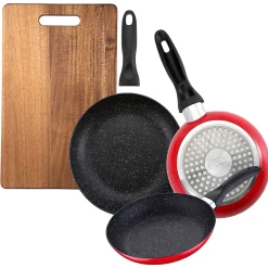 Ensemble de 3 poeles a frire San Ignacio en marbre rouge marine 16-20-24cm avec planche a découper