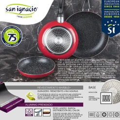 Ensemble de 3 poeles a frire San Ignacio en marbre rouge marine 16-20-24cm avec planche a découper