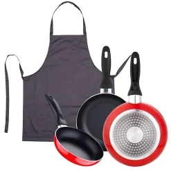 Ensemble de 3 poeles a frire San Ignacio rouge marine 16-20-24cm avec tablier de cuisine