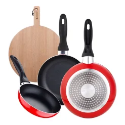 Ensemble de 3 poeles a frire San Ignacio rouge marine 16-20-24cm avec planche a découper