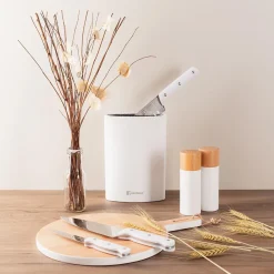 Ensemble de 3 poeles a frire San Ignacio en marbre rouge marine, 16-20-24 cm, avec bloc a couteaux.