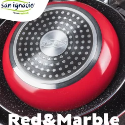 Ensemble de 3 poeles a frire San Ignacio en marbre rouge marine, 16-20-24 cm, avec bloc a couteaux.