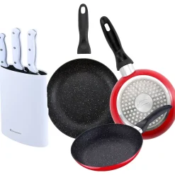 Ensemble de 3 poeles a frire San Ignacio en marbre rouge marine, 16-20-24 cm, avec bloc a couteaux.