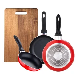 Ensemble de 3 poeles a frire San Ignacio rouge marine 16-20-24cm avec planche a découper