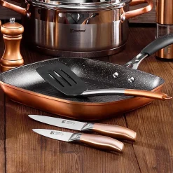 Ensemble de 3 poeles San Ignacio rouge marine 16-20-24cm avec couteaux et support magnétique