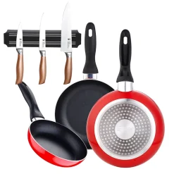 Ensemble de 3 poeles San Ignacio rouge marine 16-20-24cm avec couteaux et support magnétique