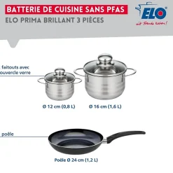 Ensemble de 1 Poêle de cuisson 24 cm et 2 faitouts 12 et 16 cm Elo Prima Brillant