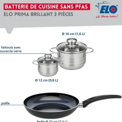 Ensemble de 1 Poêle de cuisson 32 cm et 2 faitouts 12 et 16 cm Elo Prima Brillant