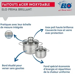 Ensemble de 1 Poêle de cuisson 32 cm et 2 faitouts 12 et 16 cm Elo Prima Brillant